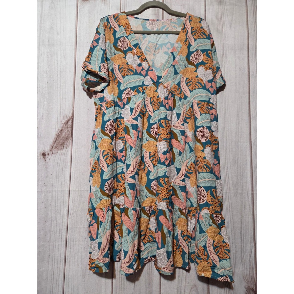 Cupshe Womens XL Tropical Leaf Print V-Neck Tiered Babydoll Mini Dress Beach‎